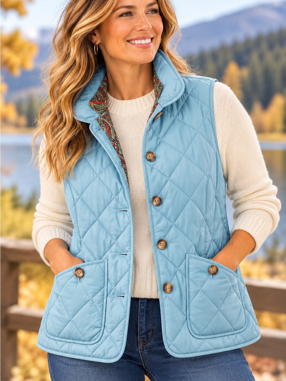 Talbots Woman 2X Light Blue Quilted Down Vest Paisley Lined Button Front